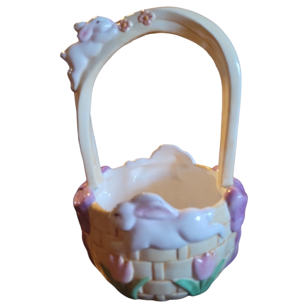 Easter Bunny Rabbit Tulips Floral Pastel Ceramic Handled Basket Bow